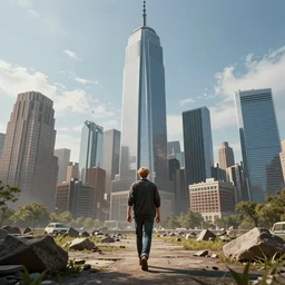blond man larger than skyscrapers walks around the city, ground view, highly detailed, digital art, sharp focus, super realistic, ultrarealism, photorealism, octane render, volumetric lighting, trending on artstation, award winning, 4 k post - processing highly detailed