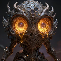 trapped cosmic deity with eyes made of interstellar stargates with molten honeycomb structure, intricate detail, royo, whealan, giger, hd, 8 k, octane render, unreal engine,