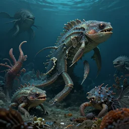 deep sea creatures, contrast, deep focus, turnaround, highly detailed, dramatic lighting, digital painting, artstation, concept art, matte, sharp focus, greg rutkowski, illustration.