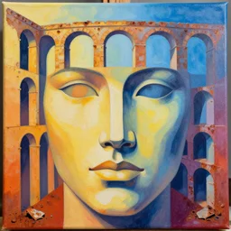face, unfinished acrylic canvas, colorfull, gradient from warm to cold tone, 3 6 0 panorama ( 3 - point perspective ), escher style pattern of aqueduct and arches, texture of old rust and trash
