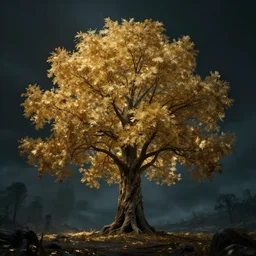 golden tree in creepy scary nightmare atmosphere, realsitic