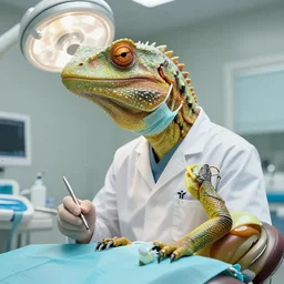 a highly detailed reptilian portrait of a dentist, james gurney, james jean