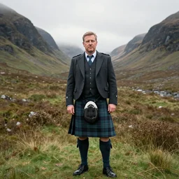jim carrie in a kilt in scottish mountains