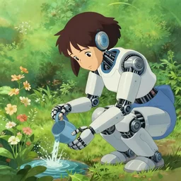 girl with robotic body parts watering her garden, digital art, artstation, studio ghibli, pixiv
