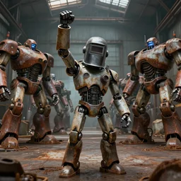 a realistic crazy robot wearing a welding helmet, welding helmet head, one fist raised high in triumph, raised fist, standing in front of hundreds of large robots inside a huge rusty dingy warehouse, army of big robots, raygun gothic, atomic punk, digital art, detailed render
