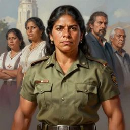 epic portrait of muscular rigoberta menchu wearing short sleeved uniform explaining, guatemla, women for background, detailed, digital painting, artstation, concept art, donato giancola, joseph christian leyendecker, wlop, boris vallejo, breathtaking, high details, extremely detailed, beautiful, establishing shot, artistic, hyperrealistic, beautiful face, octane render