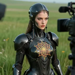 close up of the vaunted mandelbrot goddess, grass meadows backdrop, unorthodox apparel, carbon fiber armor, mandelbrot set, ( ( ( ( ( antelope canyon resemblance ) ) ) ) ), still from alien 1 9 7 9, cinematic lighting, octane render, high detail, ray tracing, 3 5 mm panavision camera, cgi edit