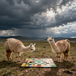 wide angle photo of a llama playing a boardgame