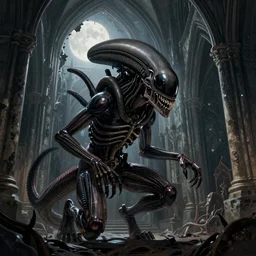 xenomorph from alien crouching inside of an ancient gothic cathedral, moonlight coming through a hole and landing on the creature, digital painting, gothic, alien, amazing value control, frank frazetta, dramatic lighting, muted colors, focused light, dark colors, in the style of alien isolation and resident evil village