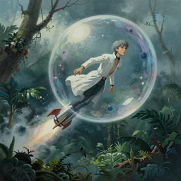 hyperrealist painting of a skinny grey scientist rocketing out of a bubble from howl's moving castle ( 2 0 0 4 ) in the sky high above the jungle. moody, misty, depth perception.