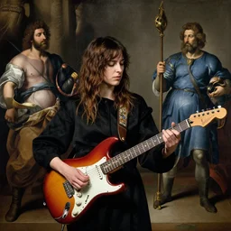 Anna Calvi playing electric guitar by Caravaggio and Gottfried Helnwein, masterpiece