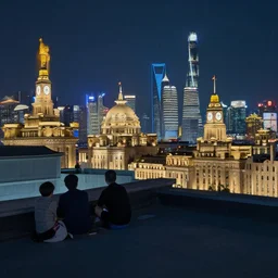 a small rooftop with a couple of people sitting and watching the view, modern shanghai bund is on the background, night, by edward hopper, by gregory crewdson