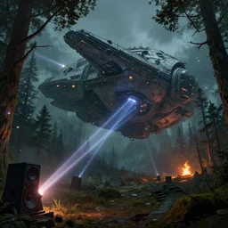 a giant megastructure spaceship wrecked and lost in the forest, a small fire in the distance, powerful laser light and powerful sound system on the left, detailed digital art by greg rutkowski.