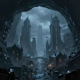 a cold and melancholic city in a dark and rainy cavern, fantasy digital art, octane render, beautiful composition, trending on artstation, award - winning photograph, masterpiece