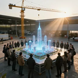 crane shot of large group people in open warehouse, looking at hologram of futuristic city on a table, cinematic concept, godrays, golden hour, natural sunlight, 4 k, clear details, tabletop model buildings, tabletop model, ethereal hologram center, crane shot, crane shot, rule of thirds, people, people, tabletop