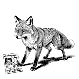 gray fox from metal gear solid, doing a three point landing pose, a page from cyberpunk 2 0 2 0, style of paolo parente, style of mike jackson, adam smasher, johnny silverhand, 1 9 9 0 s comic book style, white background, ink drawing, black and white
