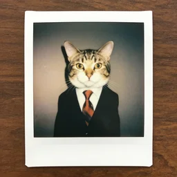 polaroid of cat in a suit