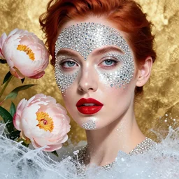 portrait of a european woman, closeup, she's on ice, skin shining like a diamond high sharpness, zeiss lens, fashion photo shoot, peony flowers, red hair, red lipstick, against a background of gold, rhinestones on their face, Edward Buba, Annie Leibovitz, Paolo Roversi, David Lazar, Jimmy Nelsson, Eiko Hosoe, artistic, hyper-realistic, beautiful face, octane rendering