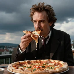 low quality photo of heisenberg eating pizza in the sky
