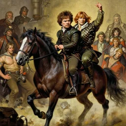 muscled Peter Dinklage as Tyrion Lannister riding a pony beast, Boris Vallejo, Julie Bell, Zdzisław Beksiński, Ed Binkley, Mark Brooks Frank Frazetta, Greg Hildebrandt, Tim Hildebrandt, Alex Horley, Ralph Horsley, Peter Andrew Jones, Eddie Mendoza, Earl Norem, Greg Rutkowski, Michael Whelan, Artgerm