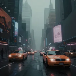 a film still of New York city on the street in Times Square with futuristic cabs from Tekkonkinkreet by Ian McQue , dull, muted colour, cold, misty, dark and wet, 50mm lens, video game environment design, 2d game lineart behance hd, dramatic lighting, global illumination, trending on Artstation, bloom