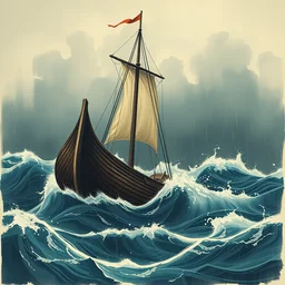 ancient massive wooden curved hulled ship without sails or masts on huge stormy turbulent waves seas dark clouds and rain, limited neutral palette, by pascal campion, petros afshar, anton fadeev, dean ellis, randolph stanley hewton, beautiful graphic, propaganda poster art 1 9 7 0 s illustrated advertising art, painterly design