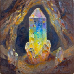 rainbow colored crystal cave, oil on canvas,