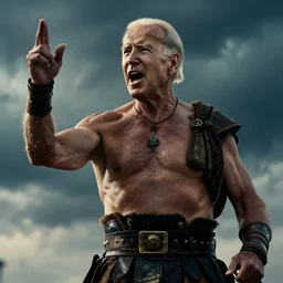 cinematic film still of joe biden as leonidas shouting in 3 0 0 movie, 8 k, epic moody sky, dramatic lighting