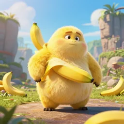 a landscape photograph of a chubby furry banana animal involved in a dramatic epic scene, pixar, octane render, concept art