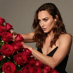fine art photo of the beauty gal gadot, she is merging from red roses, taken by oleg oprisco