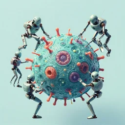 isometric scientifically accurate microscopic robotic virus attacking organic biological cell by tyler edlin and petros afshar and christopher balaskas and marius borgeaud and kiliain eng, atomic age maximalist, art nouveau, well proportioned, highly detailed