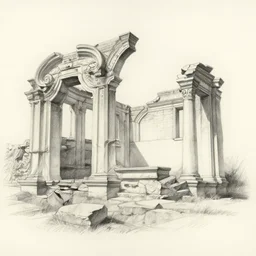 an image of an old ruin. an artists pencil sketch of the ruin as it was in pristine and complete condition has been overlaid onto a photo of the ruin using 5 0 percent opacity double exposure
