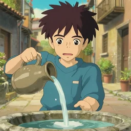 jirou kyoka, pouring water from vase into stone fountain. spanish ghibli alleyway. symmetrical face. symmetrical detailed defined eyes. isekai background style.