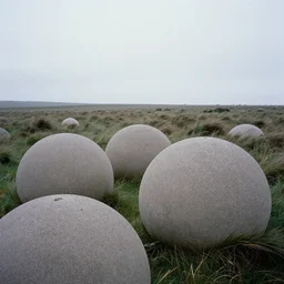 dreamy 1 9 8 0 s colour photo of enormous, concrete orbs in the foreground of sodden and windy moor, visible horizon, kate bush aesthetic, flat grey sky