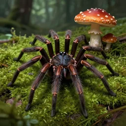 realistic, mushroom spider, moss, forest background, detailed, digital art, digital panting, lovecraft