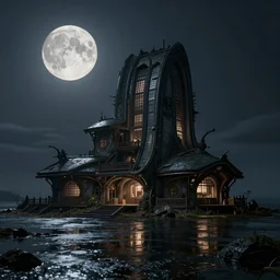 realistic alien structured house on a dark land, full moon, ultra detailed, fantasy, hyper realism, art, smooth, beautiful art, masterpiece, landscape, cinematic, wet reflections, ray tracing x, rtx, smooth