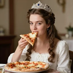 a historical photo of young beautiful queen margherita of italy, eating a pizza margherita together with a young and beautiful sophia loren, the queen wears an intricate detailed tiara and pearl necklace, the pizza has a large cornicione, smooth lighting, masterpiece, timeless, genious composition