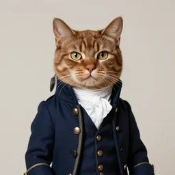 cute brown cat with serious expression wearing regency era menswear in navy and white, thomas lawrence, greg rutkowski