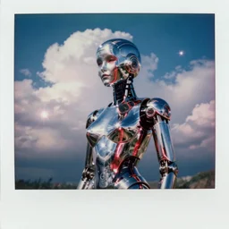 analog polaroid photograph of a chrome female robot, vintage scifi, sheen, red reflections, unreal engine, azure sky, big clouds visible, sunlight, reflection, sparkles, lensflare, film grain, depth of field, color bleed