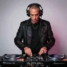 spock wearing headphones DJing with DJ turntables, photoreal