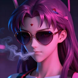 pink and purple synthwave misato evangellion face high detail sunglasses smoking cyberpunk neon pink blue red