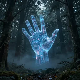 sci-fi scene of a holographic giant hand floating in the middle of a dark forest, atmospheric, mysterious, mist, high detail, concept art, by syd mead and roger deakins