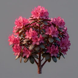 an isolated rhododendron azalea plant, full view, centered, cinematic rim lighting, high poly 3 d render, art nouveau dark outlines, ultra realistic, masked transparent flat background, popular on sketchfab, pixelsquid, unreal engine, zbrush, vray, 8 k, volumetric lighting, super focused, no blur, trending on artstation, octane render, ultra detailed, hyperrealistic, by james gurney, greg rutkowski and alphonse mucha