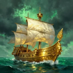 gold galleon ship, green sea, storm. bloom, lighting. fantasy, digital painting.