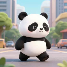 a cartoon panda walking through a photorealistic city