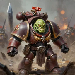 portrait of an ork from warhammer 4 0 k, angry, battlefield, bokeh, painting by greg rutkowski