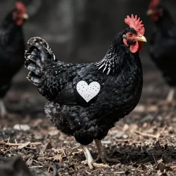 an all black chicken spotted white heart shapes