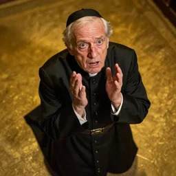 A terrified old catholic priest in black garb kneeled in passionate prayer. His eyes are wide open with fear. Ominous dramatic yellow lighting. Close-up shot from above, 4K photograph, 85mm sigma