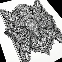 a dark ancient complex arabic ornaments with mandala and moth wings texture, full of details and delicate, high - quality fabric texture white paper + tarot card realistic detailed sci - fi illustration designed by marc simonetti mike mignola alfons maria mucha, peter mohrbacher, 8 k resolution + white ink, psychedelic black light style + intricate white ink illustration