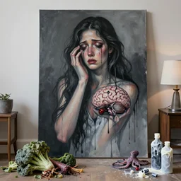 dripping black and grey paint, white wax, sensual, a sad portrait in a female art student's apartment, rotting vegetables, depression, crying, woman holding a brain from inside a painting, berries, octopus, art materials, a lamp, bottles covered in wax, neo - expressionism, surrealism, acrylic and spray paint and oilstick on canvas